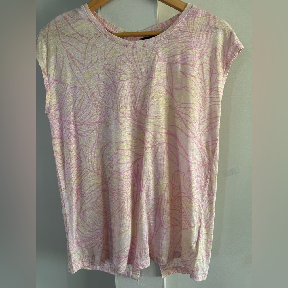 TAHARAI 100% LINEN SHORT SLEEVED POP OVER SUMMER TOP PASTEL LEAF PATTERN  SMALL